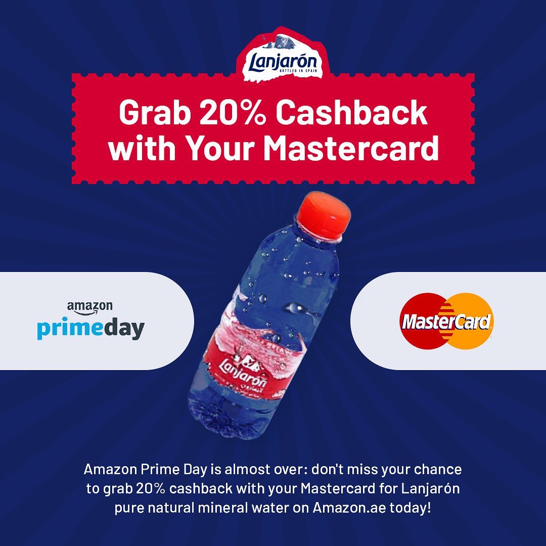 Amazon Prime Day is almost over: don't miss your chance to grab 20% cashback with your Mastercard for Lanjarón pure natural mineral water on Amazon.ae today!  Only few hours left ⏱